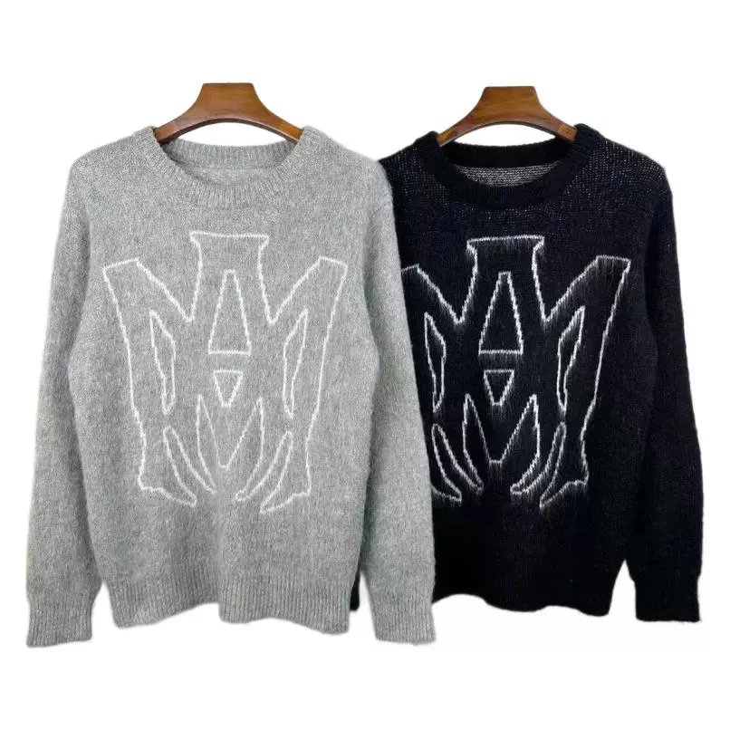 Gray Knit Sweater with White Geometric Pattern Crewneck Pullover