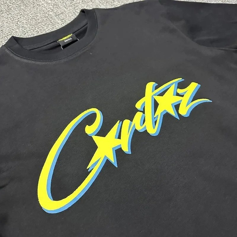 Black T-Shirt with Neon Green Yellow Script Logo Casual Tee