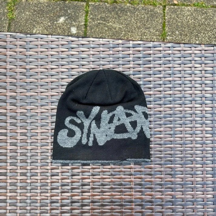 Green Knit Beanie with Black Graffiti Logo Streetwear