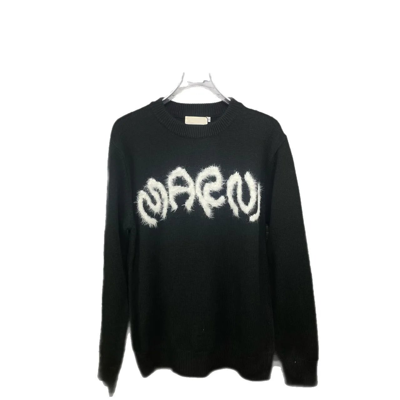 Black Knit Sweater With Fuzzy White Graphic Lettering Casual Pullover