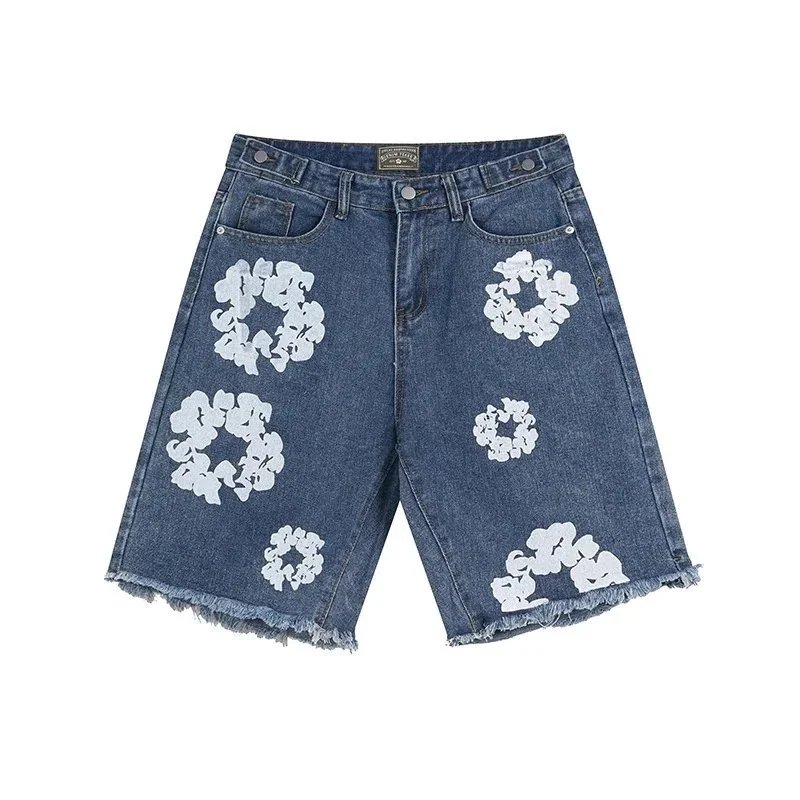 Denim Shorts Blue Black White Floral Embroidered Distressed