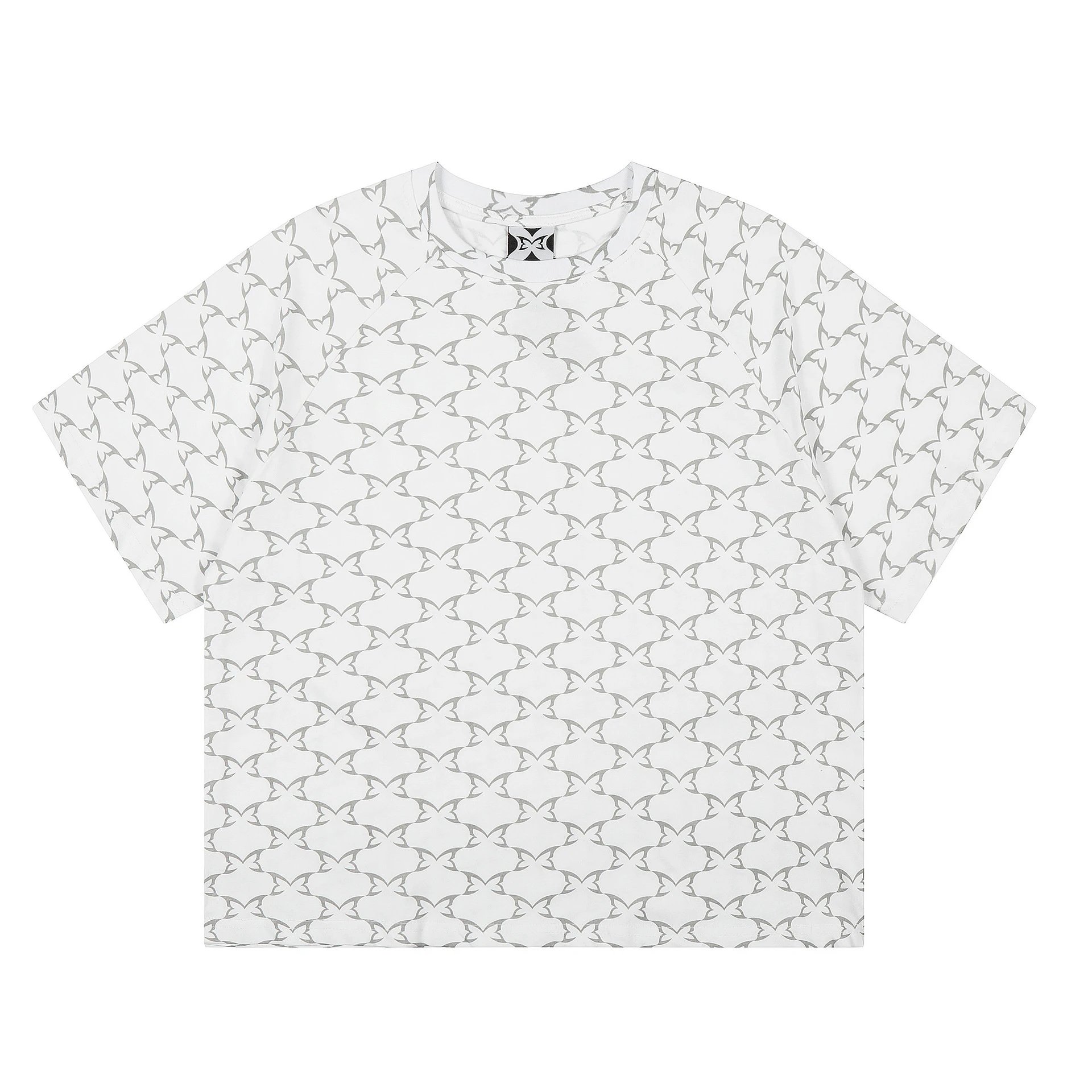 White Geometric Pattern Short Sleeve Crew Neck T-Shirt