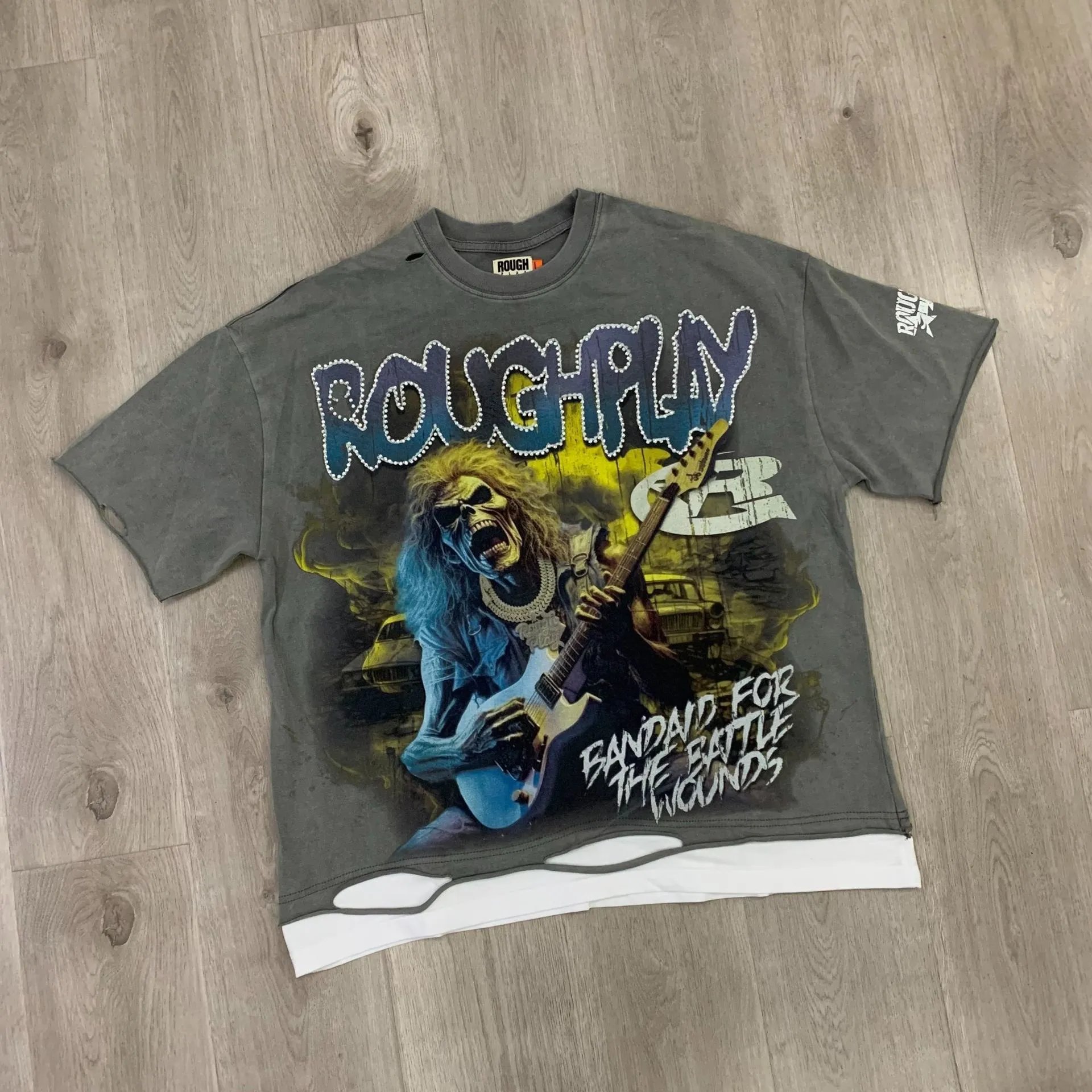 Roughplay Bandaid For The Battle Wounds Charcoal Graphic Oversized T-Shirt