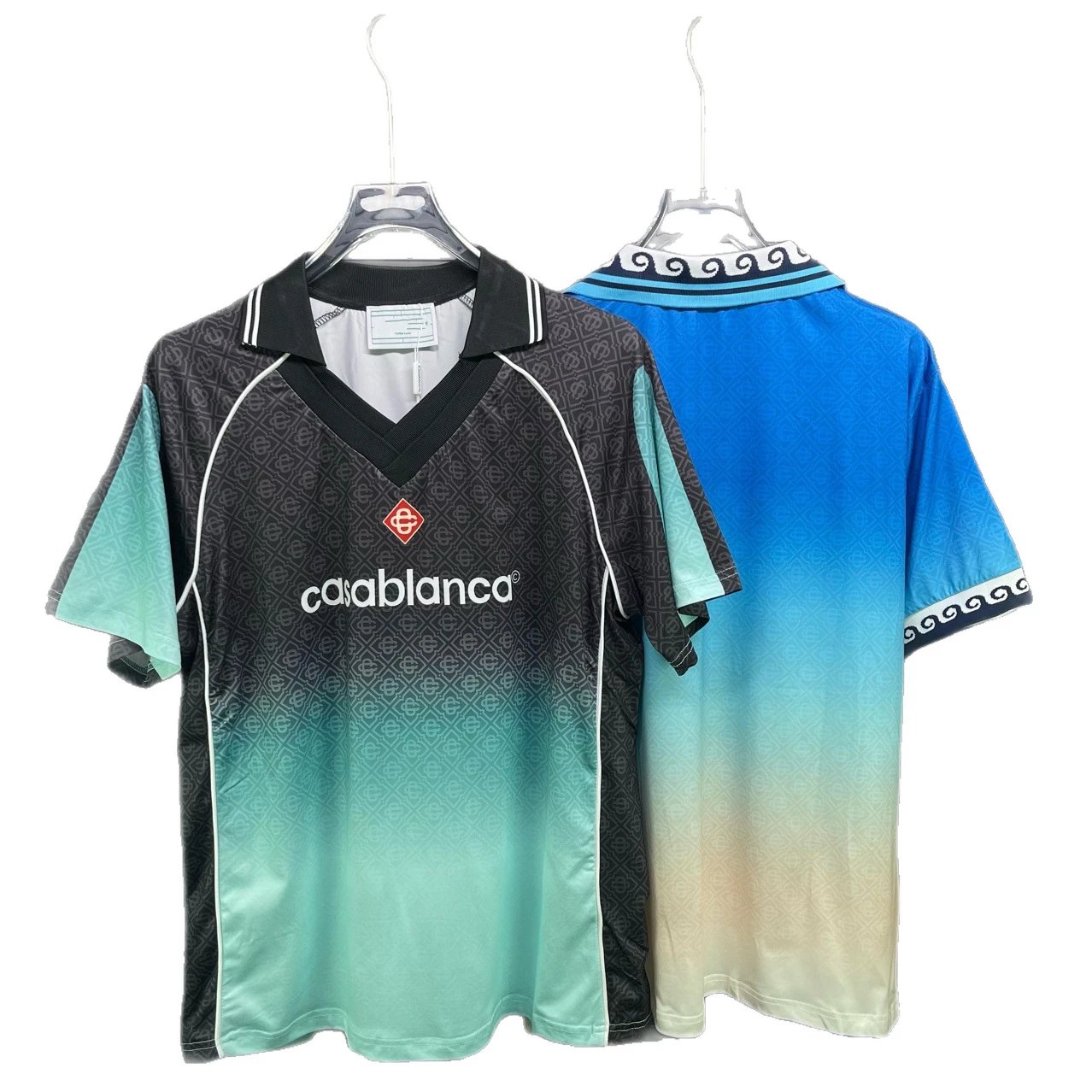 Casablanca Patterned Black Teal Gradient V-Neck Sport Shirt