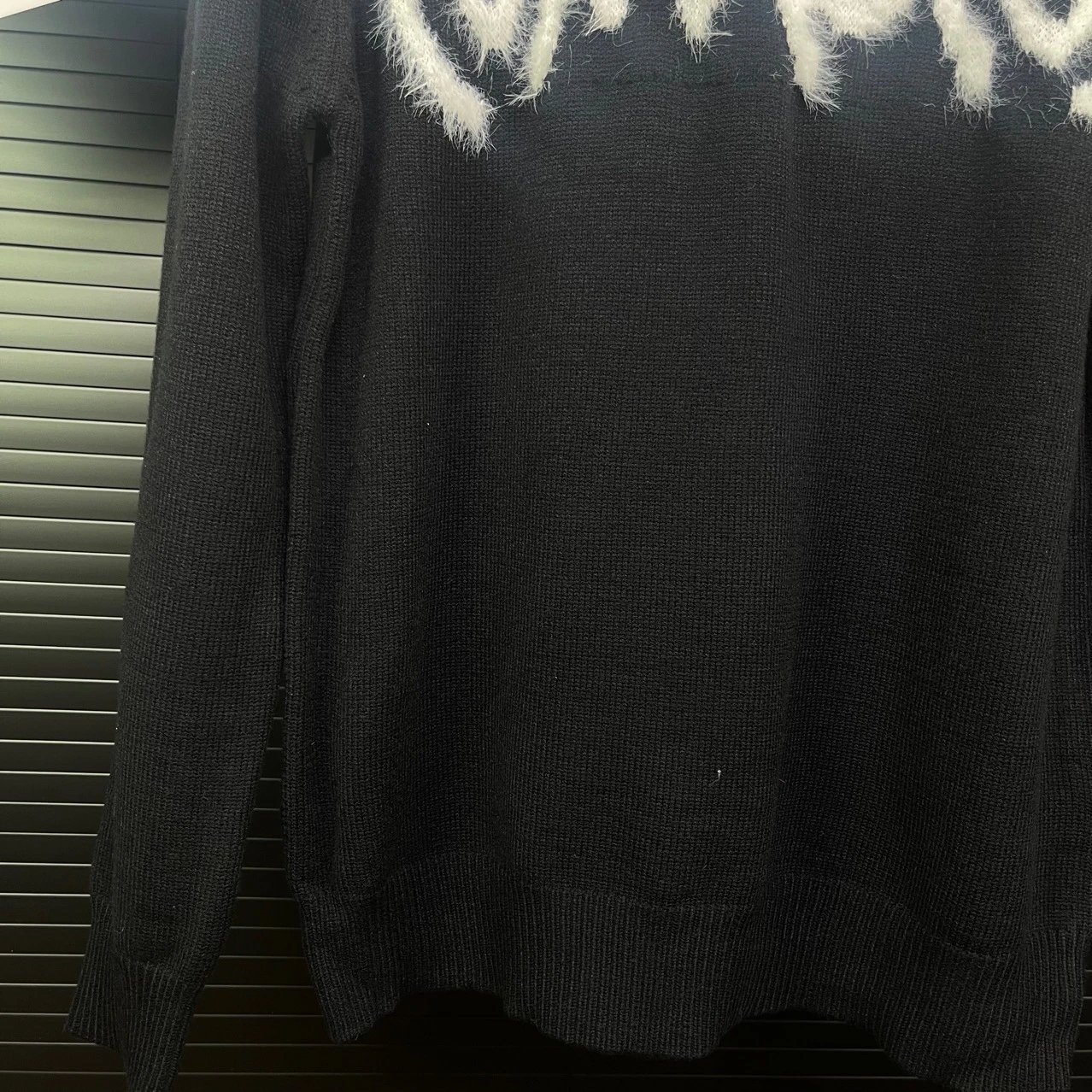 Black Knit Sweater With Fuzzy White Graphic Lettering Casual Pullover