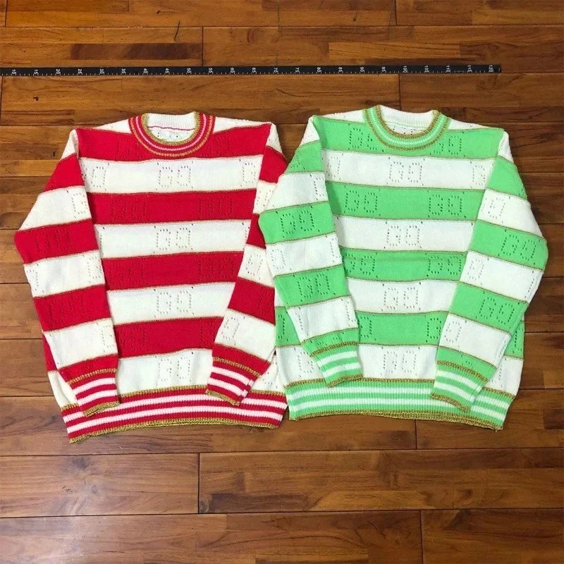 Knit Sweater Green White Striped Casual
