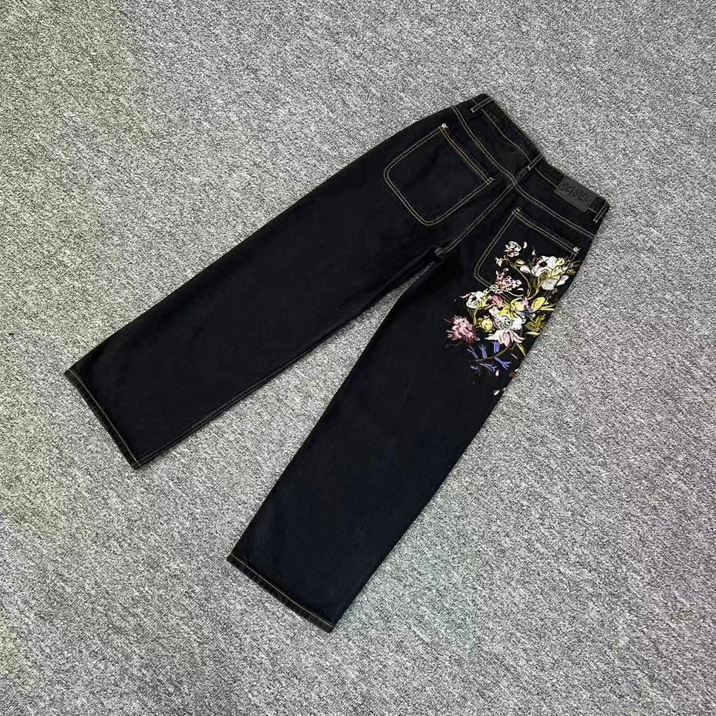 Black Denim Jeans With Floral Embroidery Vintage Style