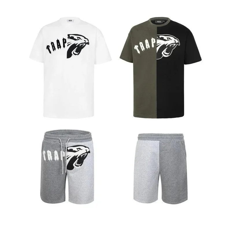 Trap Brand Graphic Print White Casual T-Shirt And Grey Sweatshorts Set