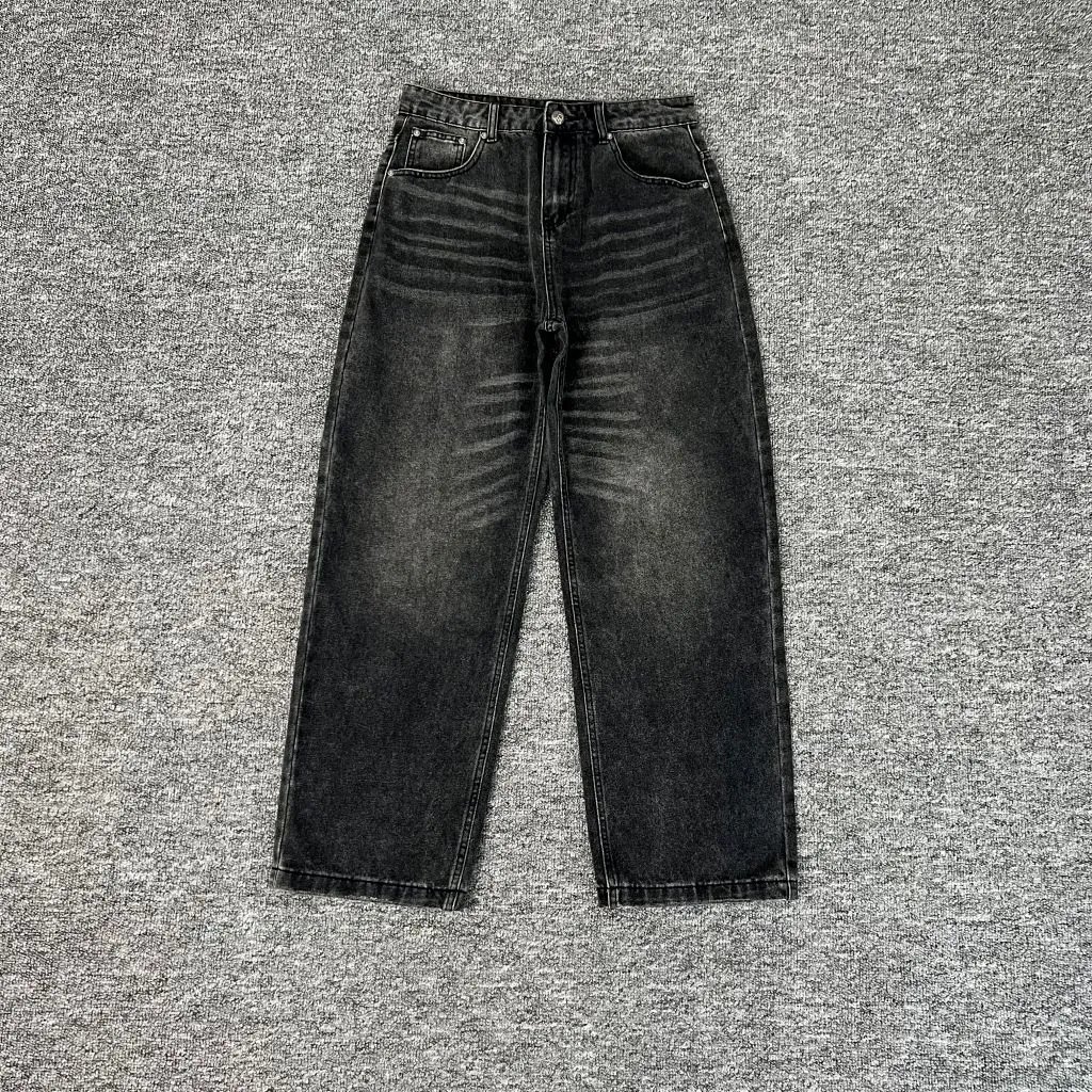 Black Denim Wide Leg Washed Jeans