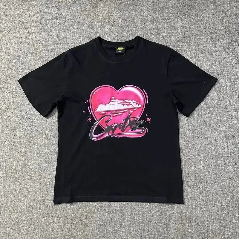 Black Graphic Heart Print Streetwear T-Shirt