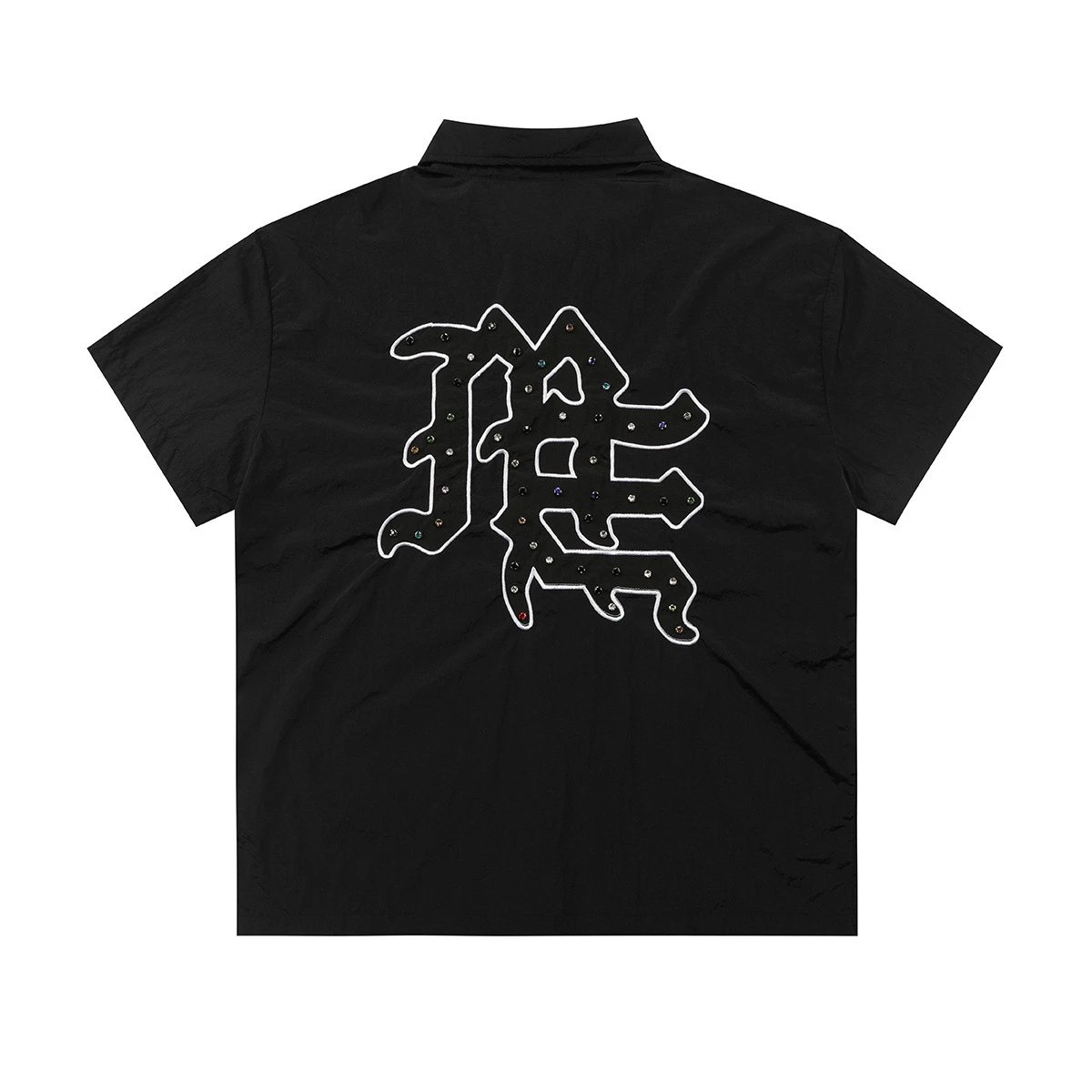 Black Short Sleeve Shirt with Embellished Chinese Character Back Design