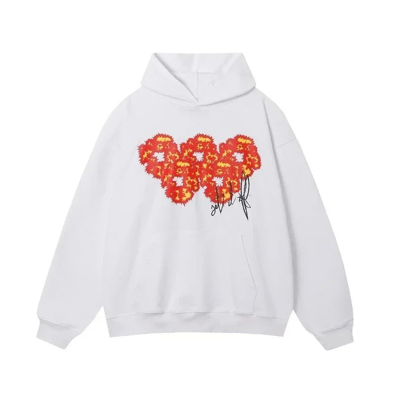 Cotton Hoodie Black White Olive Floral Embroidered Graphic Sweatshirt