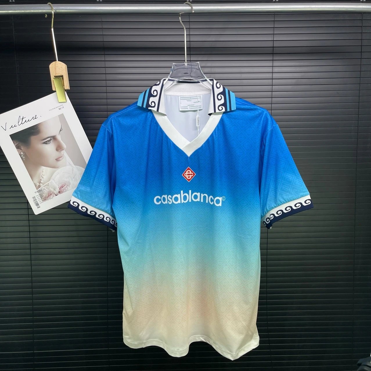 Casablanca Patterned Black Teal Gradient V-Neck Sport Shirt