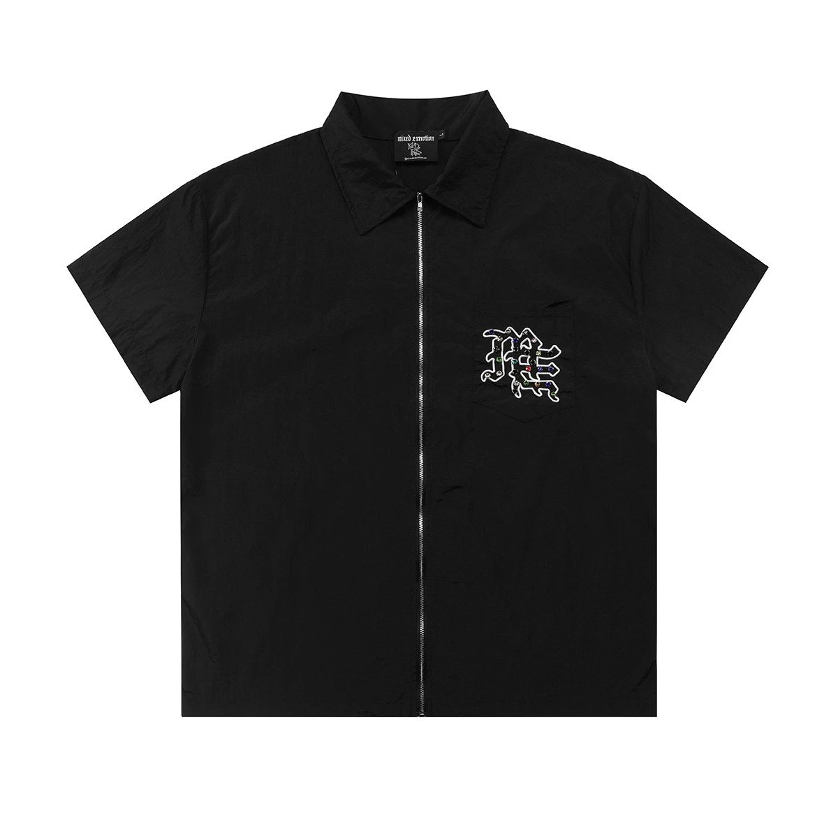 Black Short Sleeve Shirt with Embellished Chinese Character Back Design