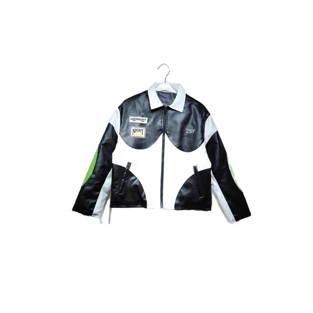 Leather Jacket Night Embroidered Black Cream Patchwork Biker Style