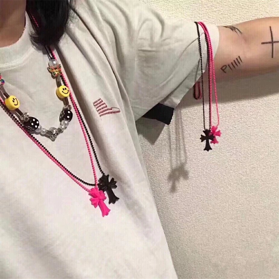 Multi Strand Beaded Necklace Pink Black Cross Pendant Y2K Style