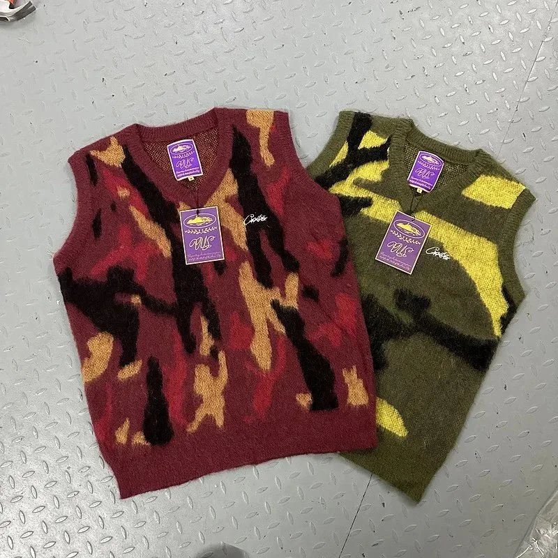 Camouflage Knit Vest Maroon Green Military Style