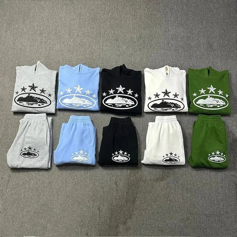Graphic Hooded Sweatshirt Set Gray Light Blue Black White Olive Green Streetwear