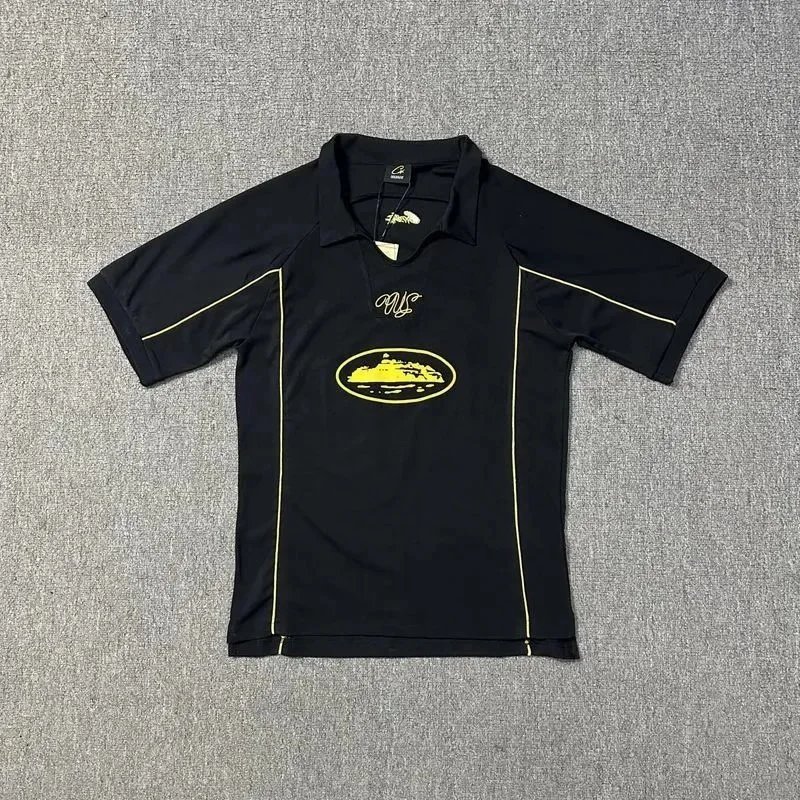 Black Polo Shirt with Yellow Logo and Trim Sporty Style
