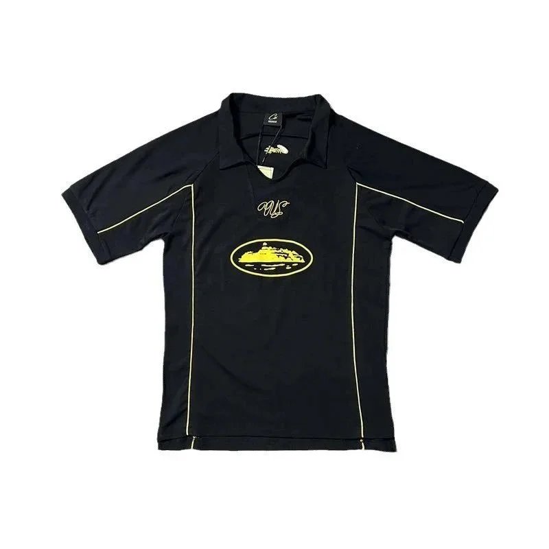 Black Polo Shirt with Yellow Logo and Trim Sporty Style