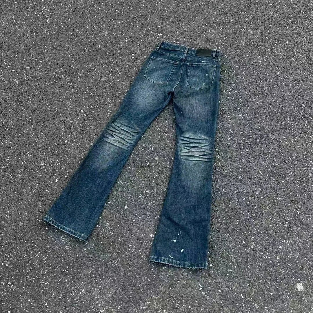 Denim Jeans Dark Blue Distressed Flared