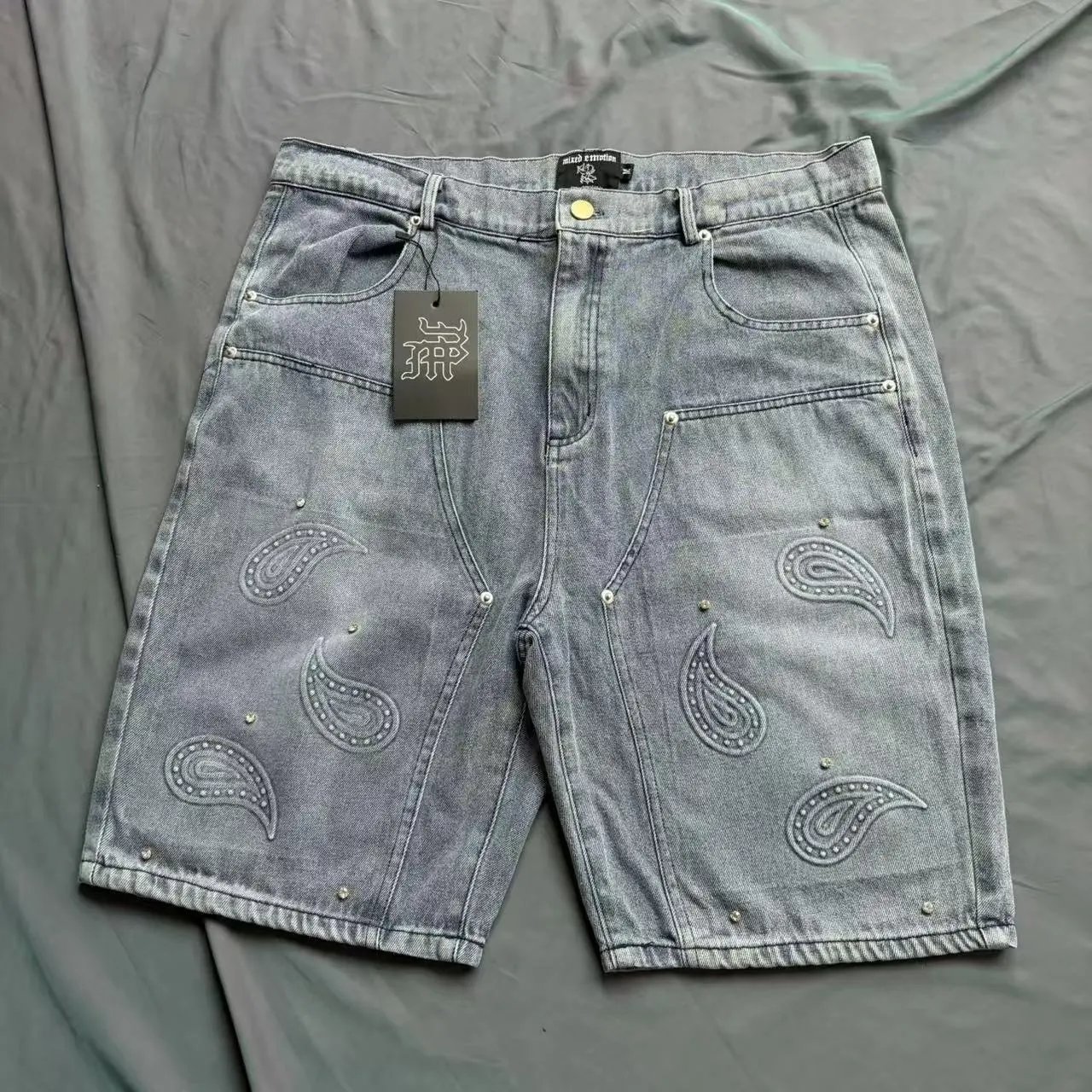 Mixed Emotion Shirts Short-sleeve denim button-up shirt with paisley embroidery and studs image 5