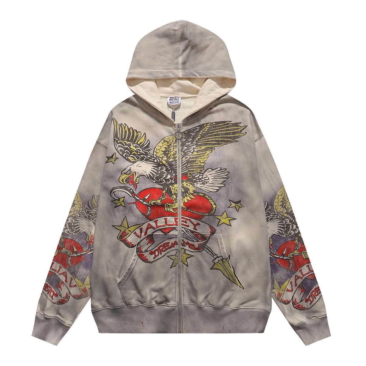 Vintage Wash Hoodie Gray Distressed Graphic Streetwear