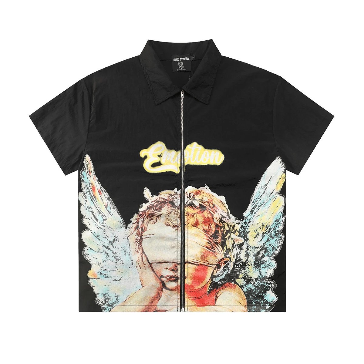 Black Short Sleeve Shirt With Mixed Emotion Graphic Print Casual