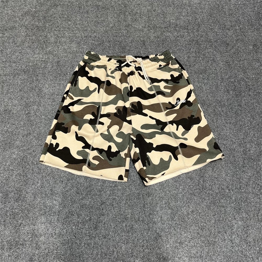 Camouflage Print Beige Black Drawstring Waist Shorts