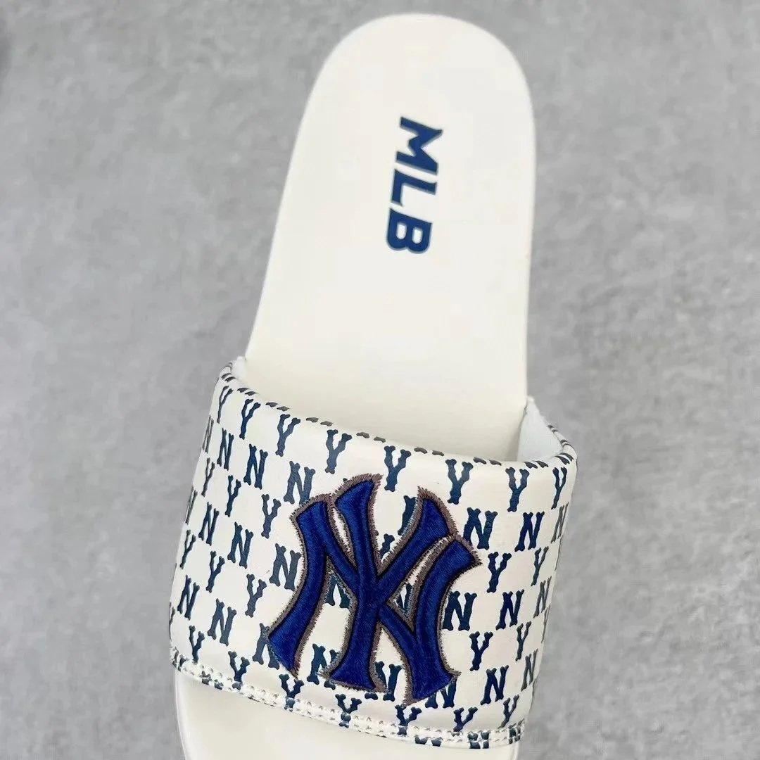 MLB Slide Sandals White Black Beige Patterned Casual Slippers
