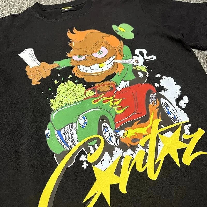 Black Graphic Tee Cartoon Character Car Print Streetwear T-Shirt