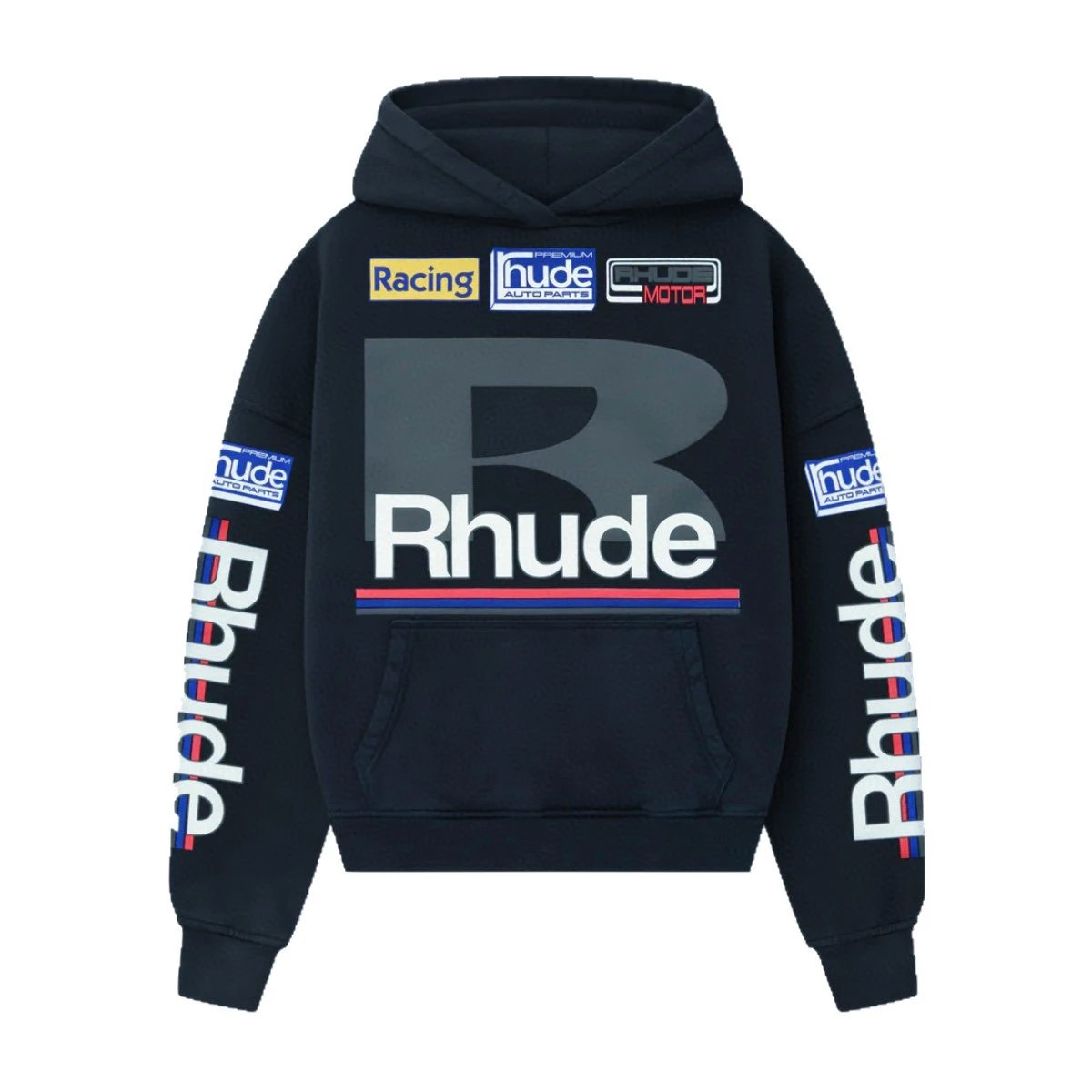 Rhude Racing Logo Navy Oversized Hooded Sweatshirt