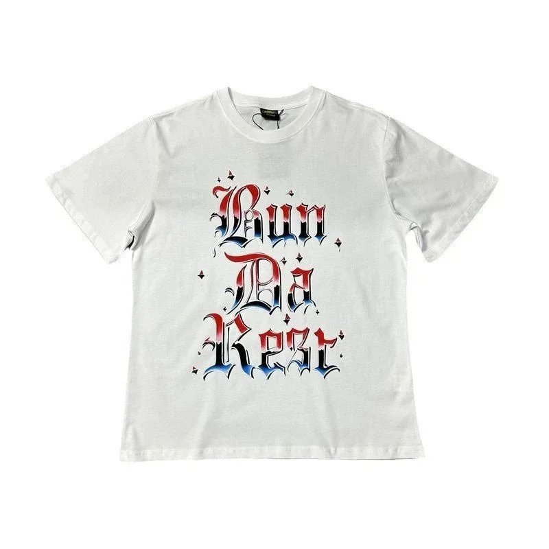 White Graphic Print T-Shirt Red Blue Gothic Typography Casual Tee