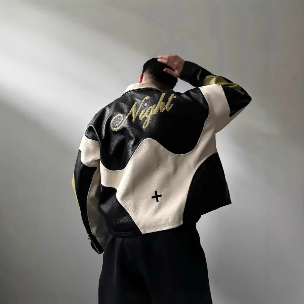 Leather Jacket Night Embroidered Black Cream Patchwork Biker Style