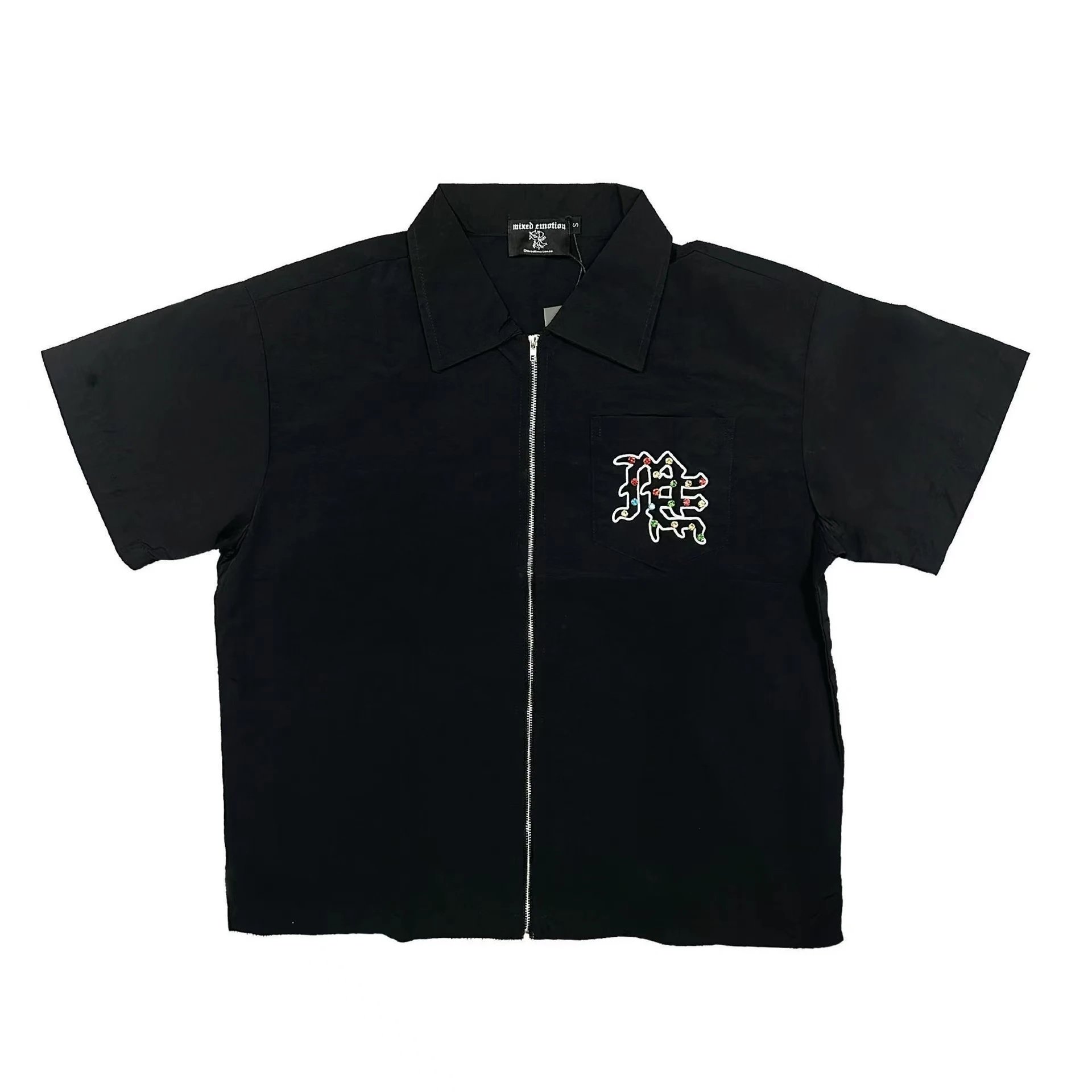 Black Short Sleeve Shirt with Embellished Chinese Character Back Design