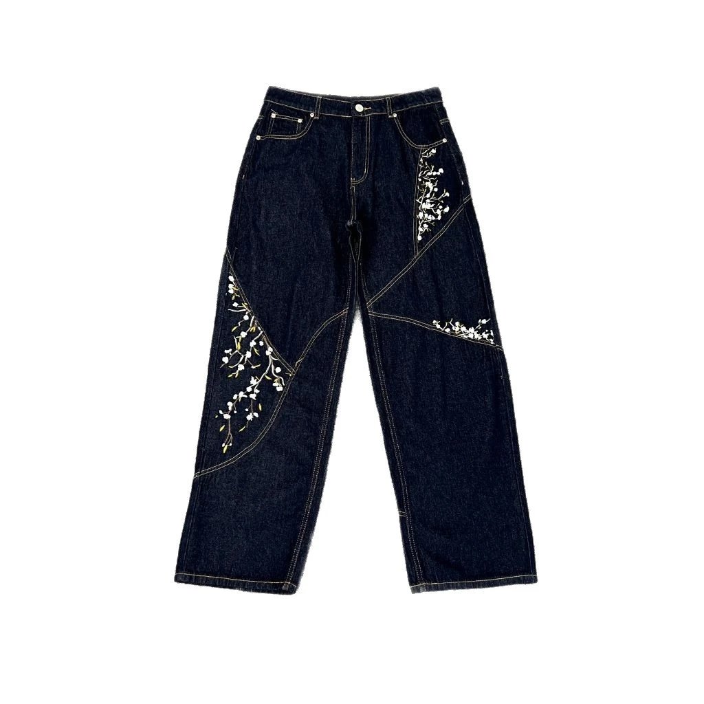 Denim Wide Leg Dark Blue Stitched Tapered Jeans