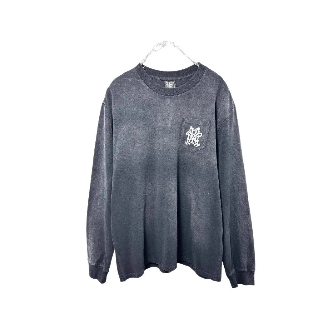 Washed Gray Long Sleeve T-Shirt With Embroidered Pocket Logo Casual
