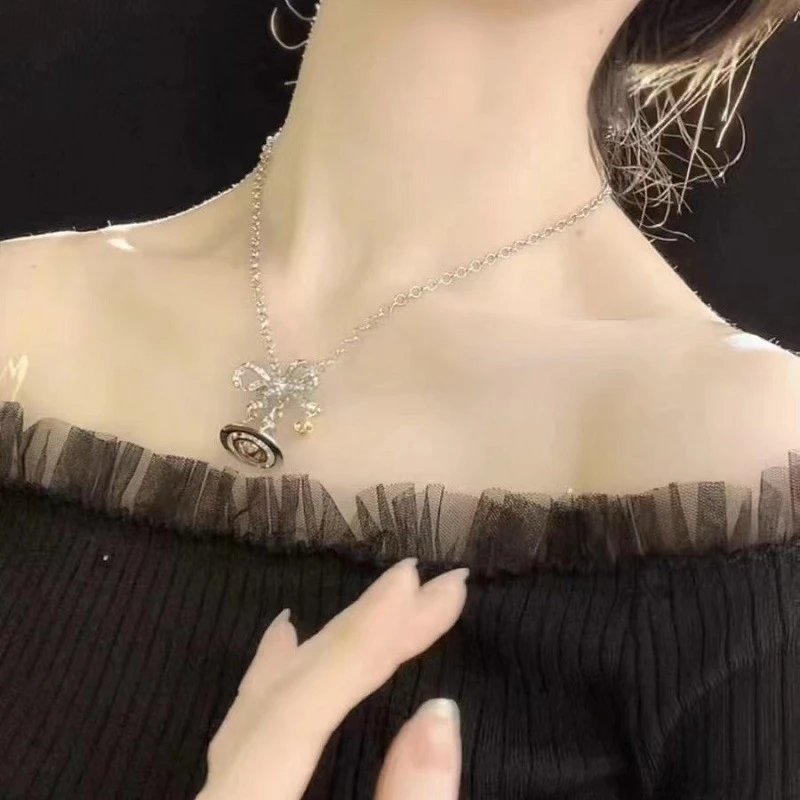 Vivienne Westwood Orb Bow Silver Gold Crystal Pendant Necklace