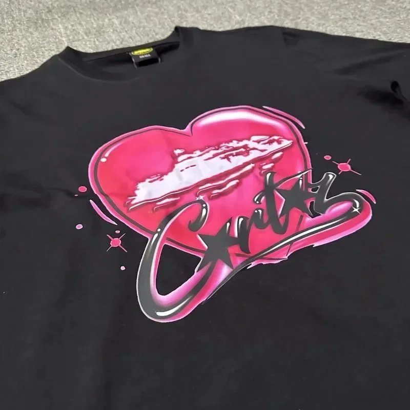 Black Graphic Heart Print Streetwear T-Shirt