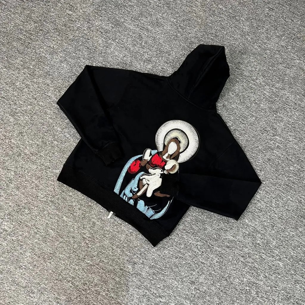 Black Hooded Sweatshirt With Religious Embroidery Graphic Artistic