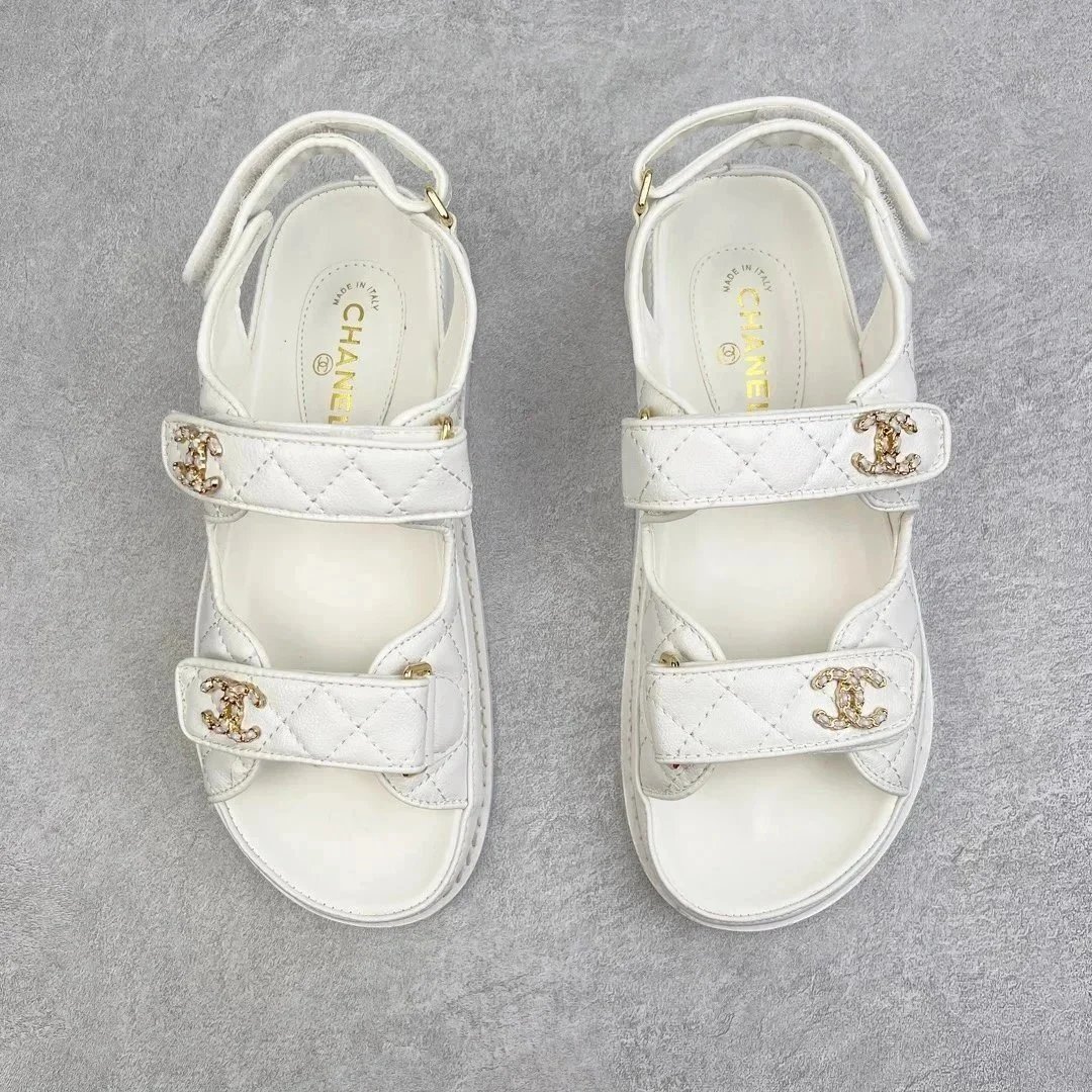 Chanel CC Logo White Quilted Leather Sandals