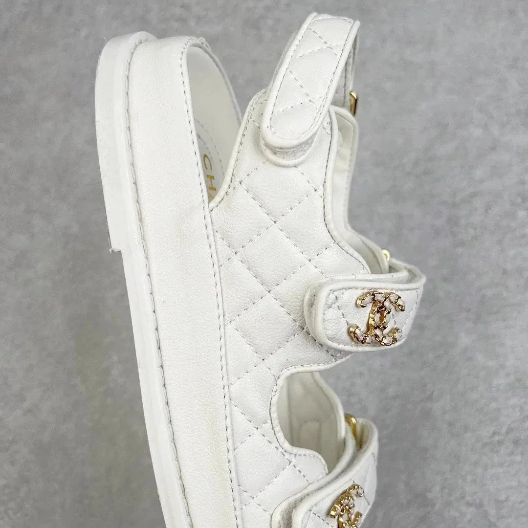 Chanel CC Logo White Quilted Leather Sandals
