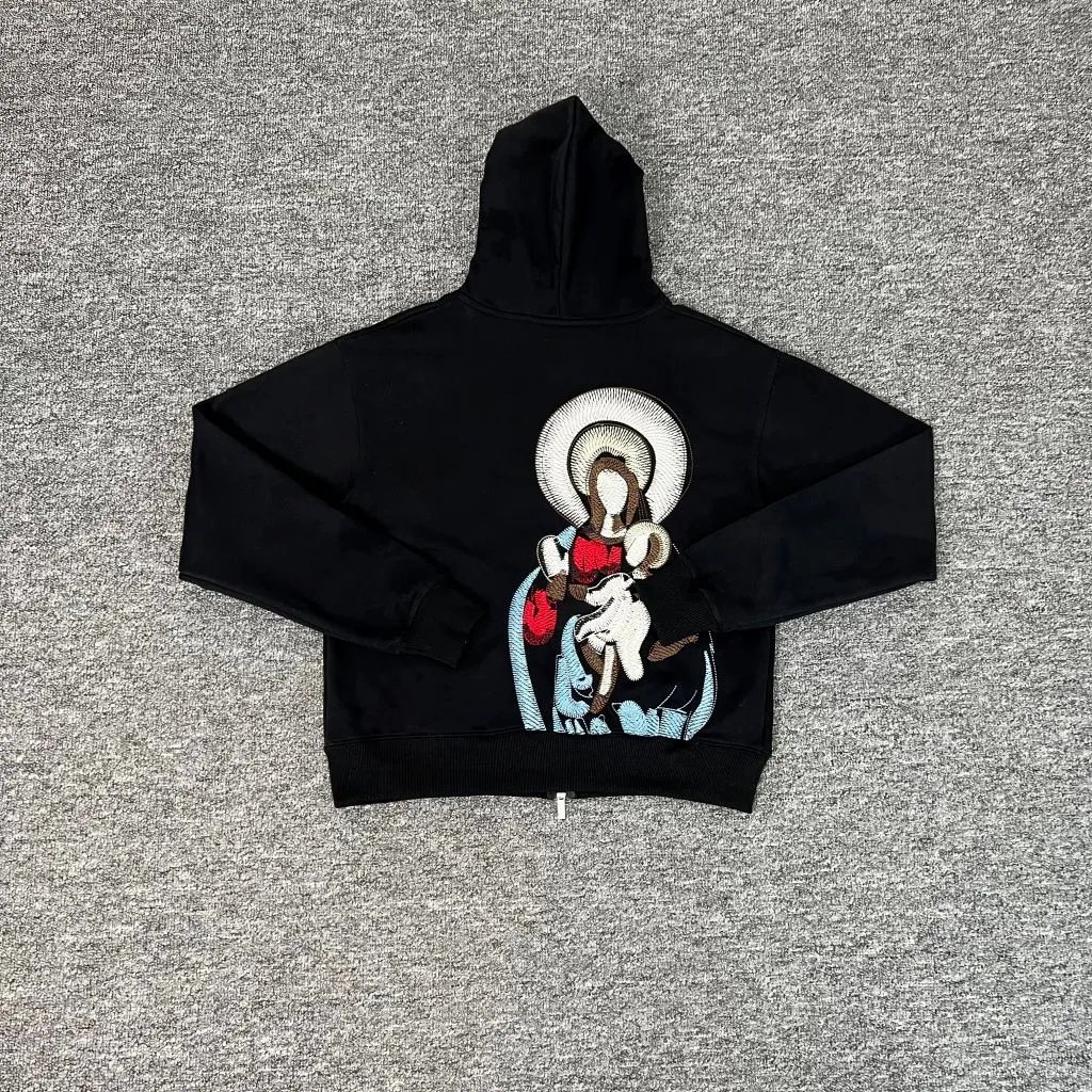 Black Hooded Sweatshirt With Religious Embroidery Graphic Artistic