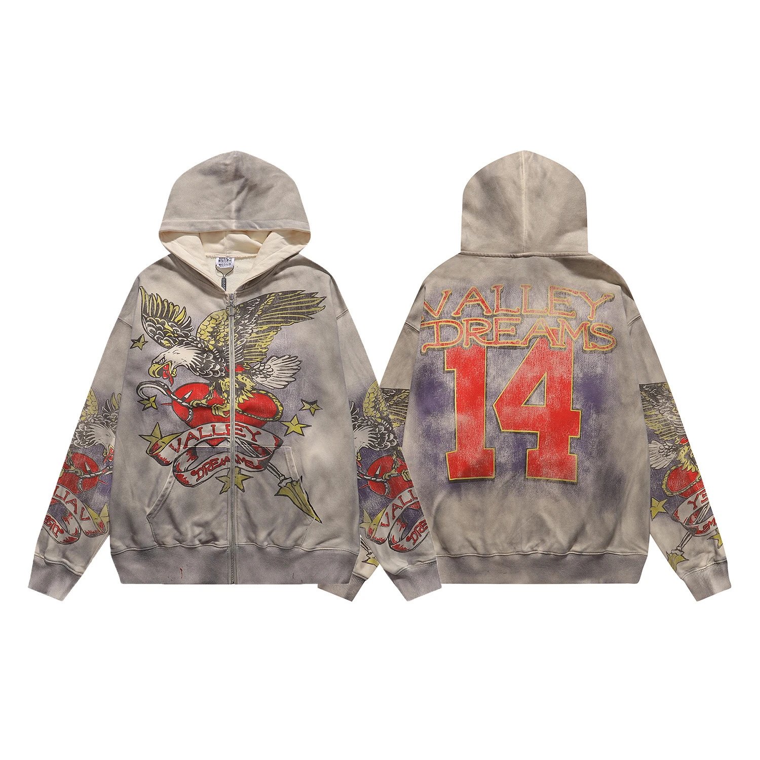 Vintage Wash Hoodie Gray Distressed Graphic Streetwear