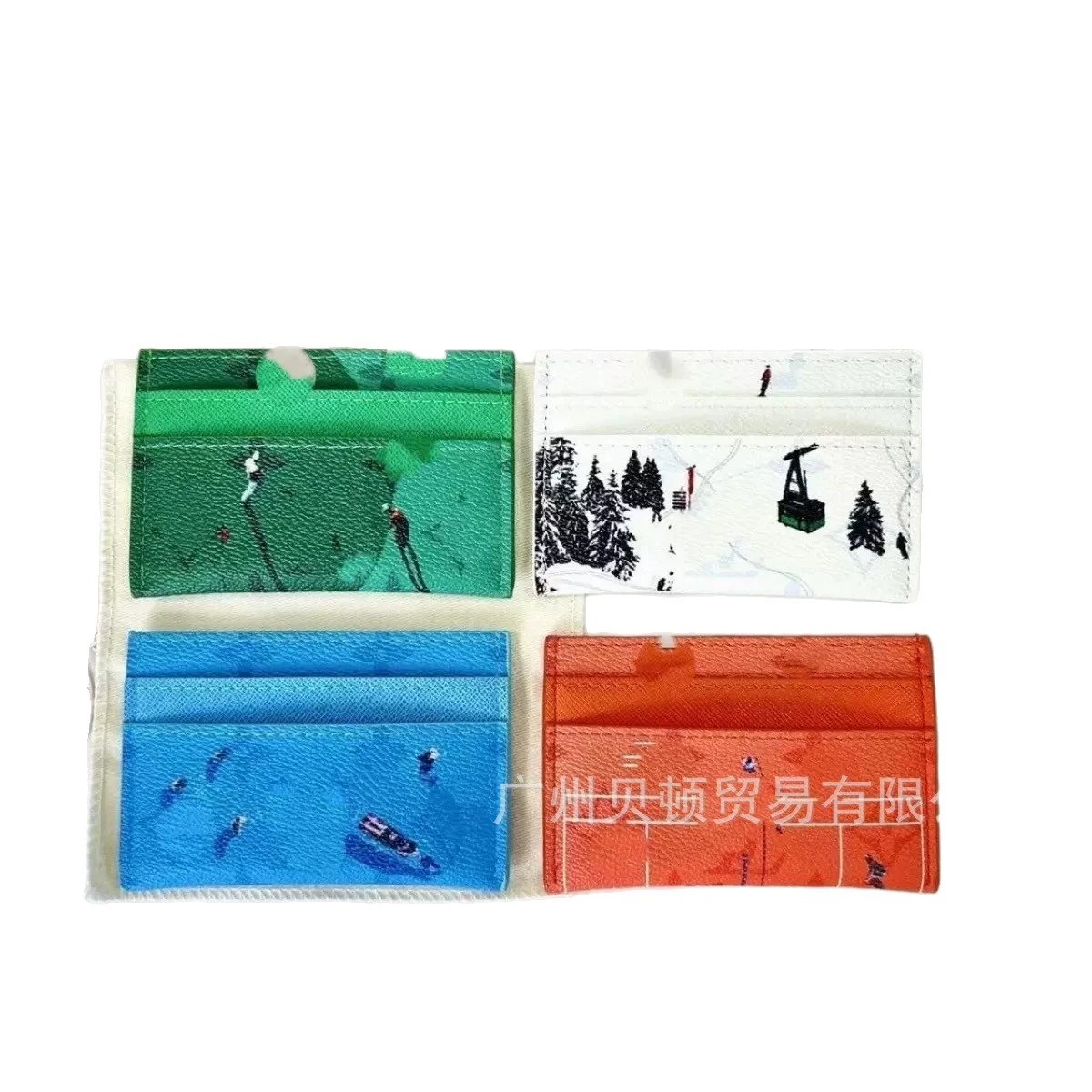Leather Card Holder Green White Blue Orange Skiing Beach Print Wallet