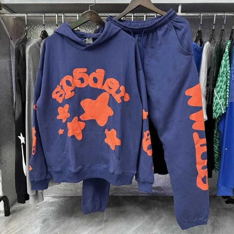 Sp5der Navy Red Green Graphic Hoodie And Jogger Set