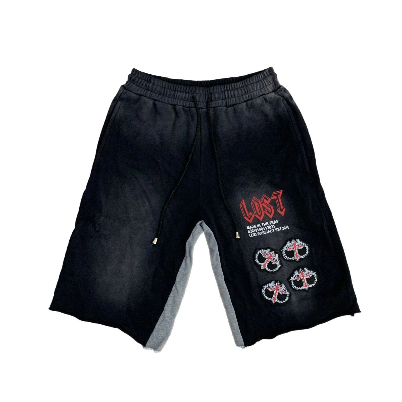 Lost Intricacy Embroidered Graphic Shorts Black White Red Streetwear
