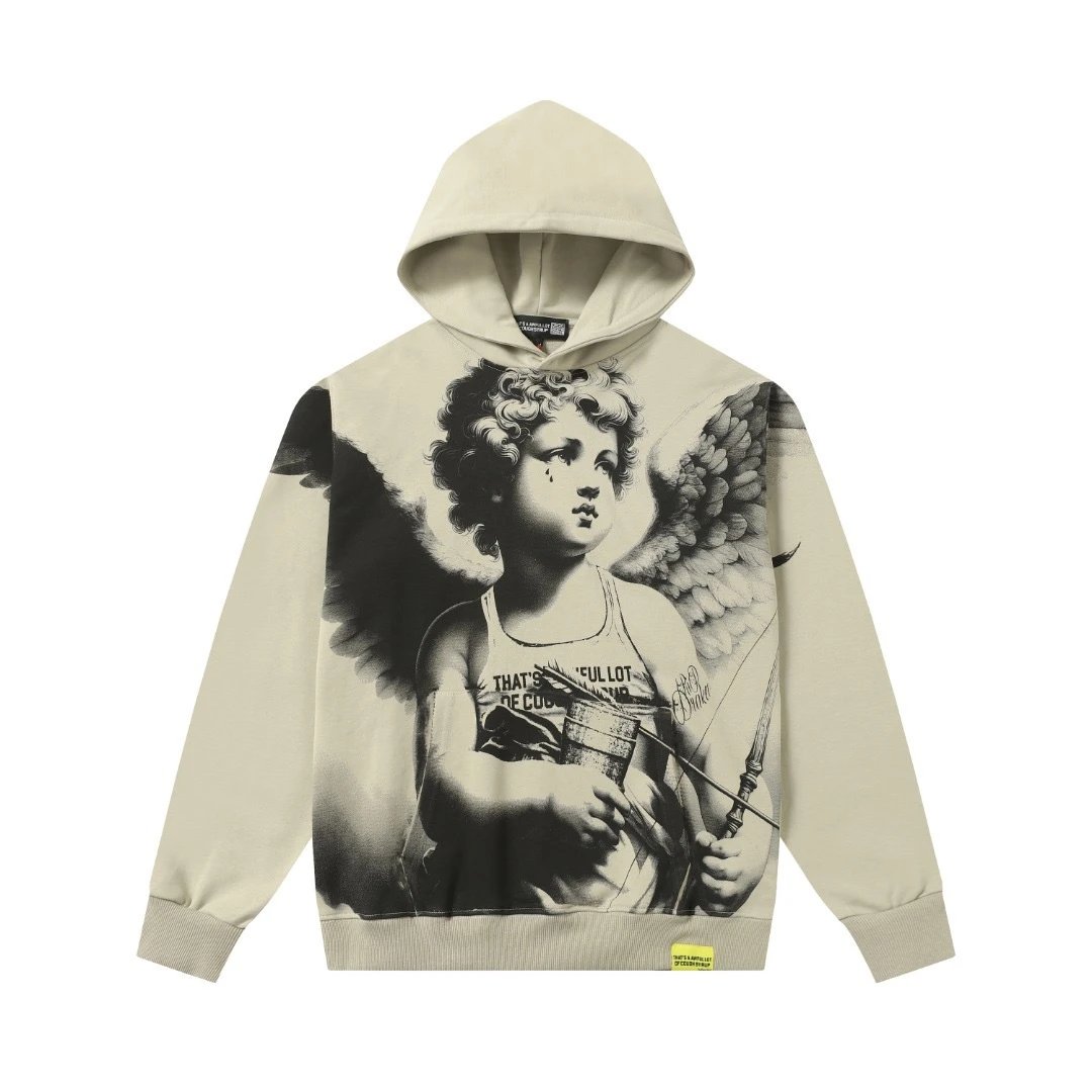 Cotton Hoodie Off White Angel Print Streetwear Sweatshirt