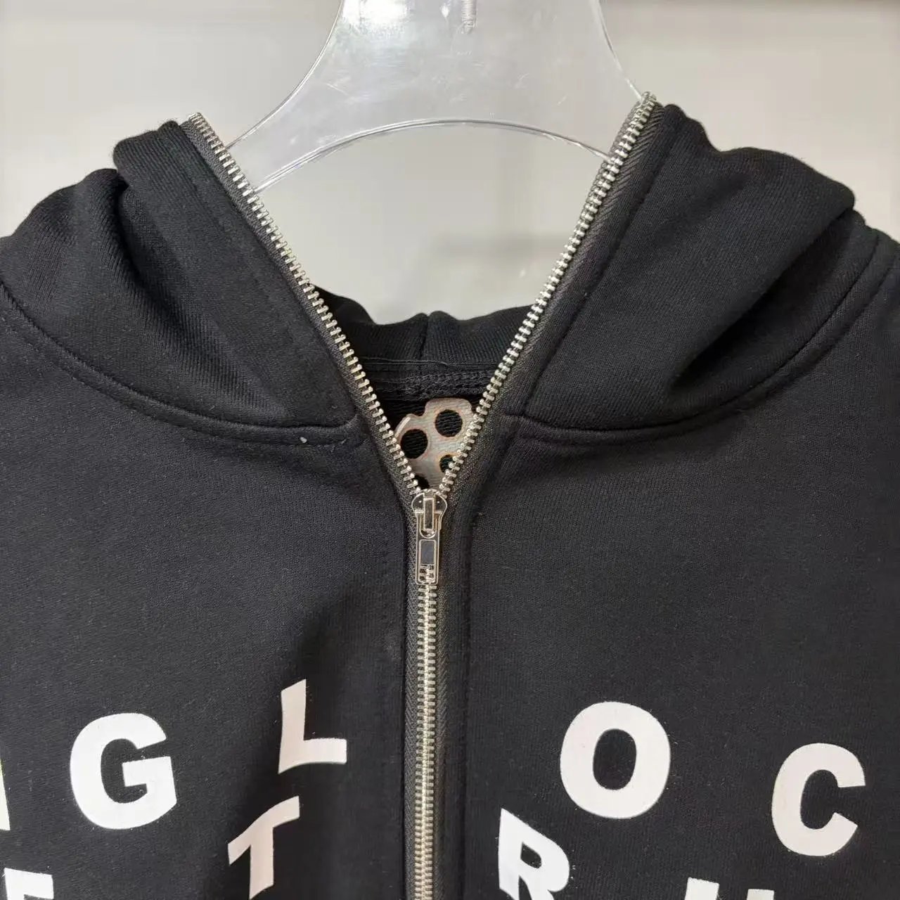 Black Full Zip Hoodie With Bold White Lettering Streetwear
