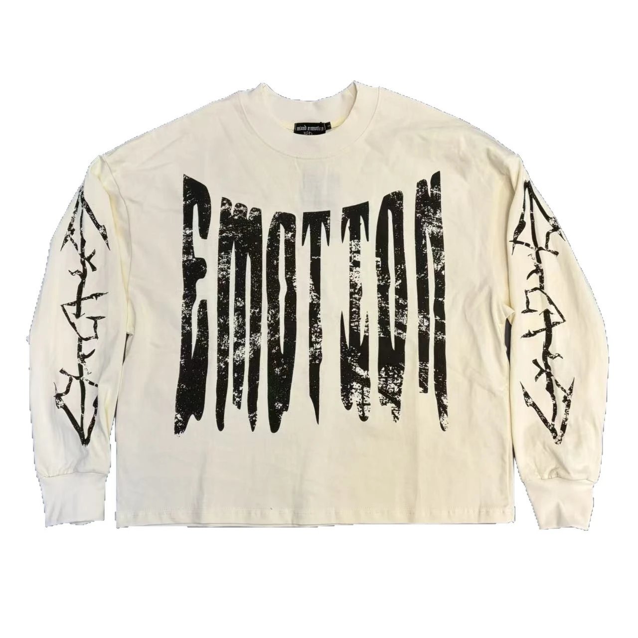 Off White Long Sleeve Cream Graphic Distressed Tee